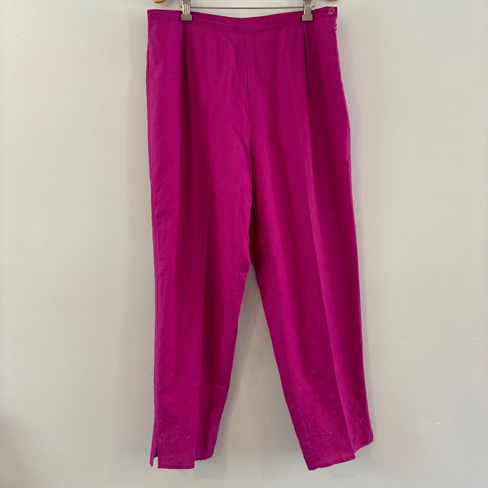 Worthington Pant 14 Magenta Pink Linen Blend Embroidered Straight Coastal Office